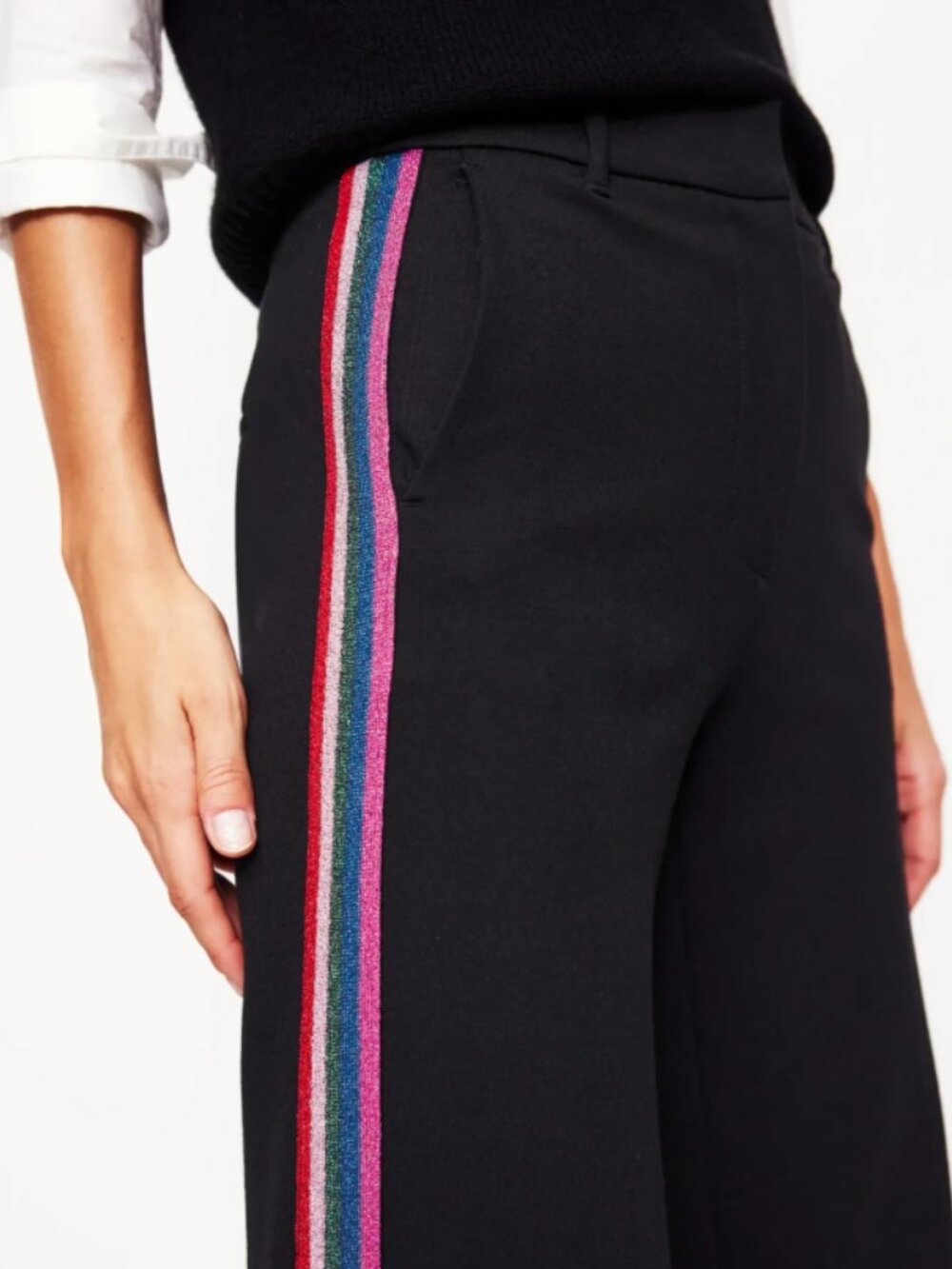 Boden Black Wide-Leg Pants with Multicolor Glitter Side Stripe Trousers Size 8